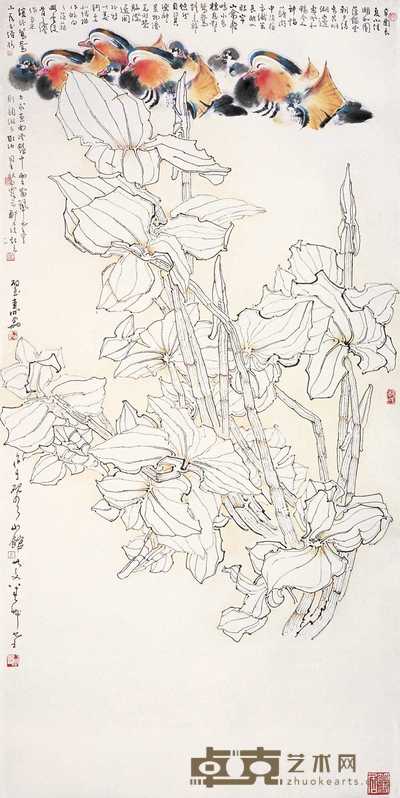 郑乃珖 鸳鸯茨菇 立轴 136.5×68.5cm